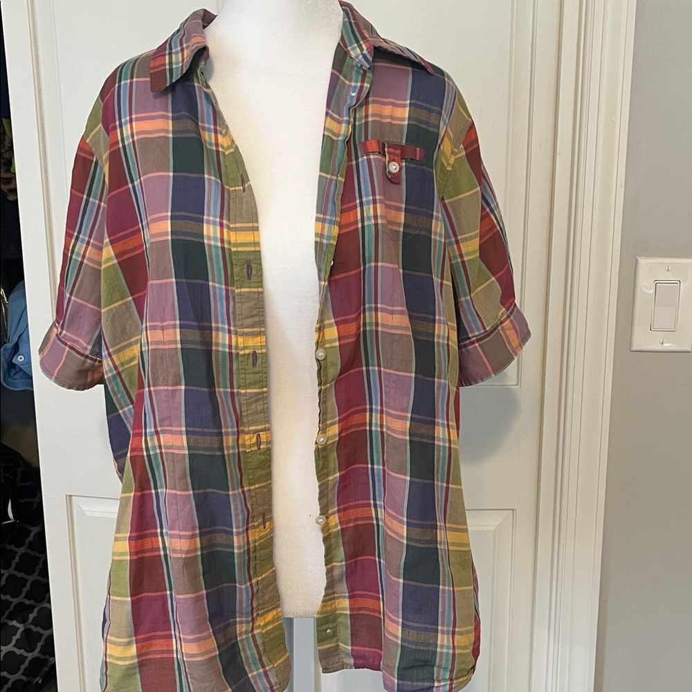 Vintage L.L. Bean Women’s Multicolor Plaid Short-Sleeve Button-Down Camp Shirt L - Picture 7 of 8